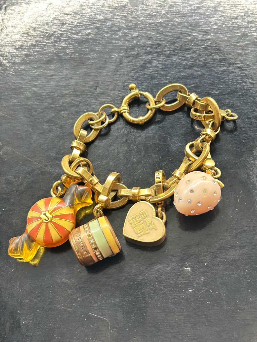 Gold-Tone Women’s Charm Bracelet with Peach and Multicolor Enamel Charms